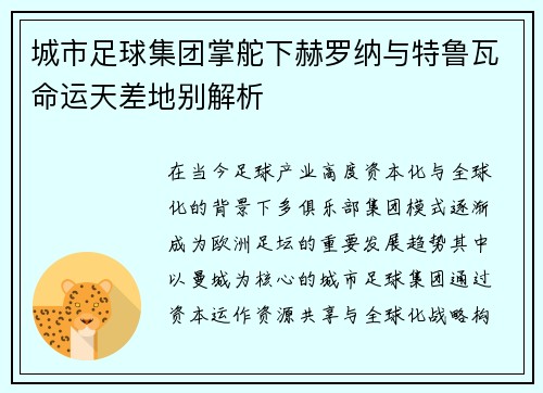 城市足球集团掌舵下赫罗纳与特鲁瓦命运天差地别解析 城市足球集团掌舵下赫罗纳与特鲁瓦命运天差地别解析
